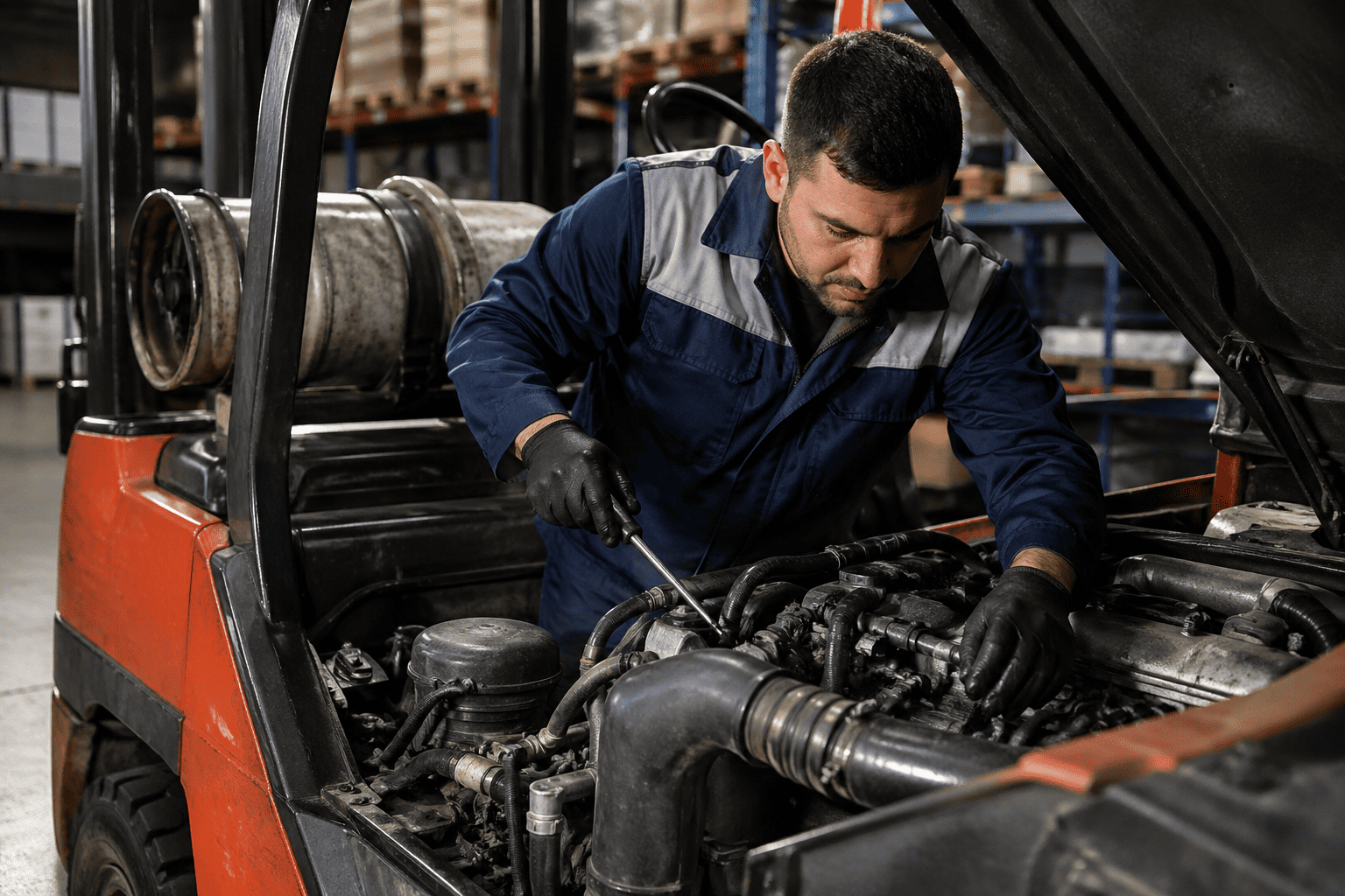 A mechanic inspecting a gas forklift engine