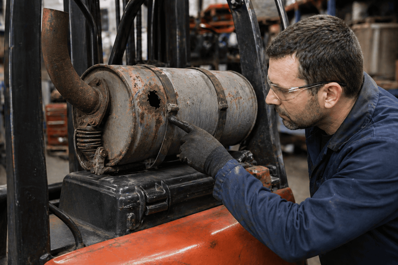 A technician pointing at a forklift muffler