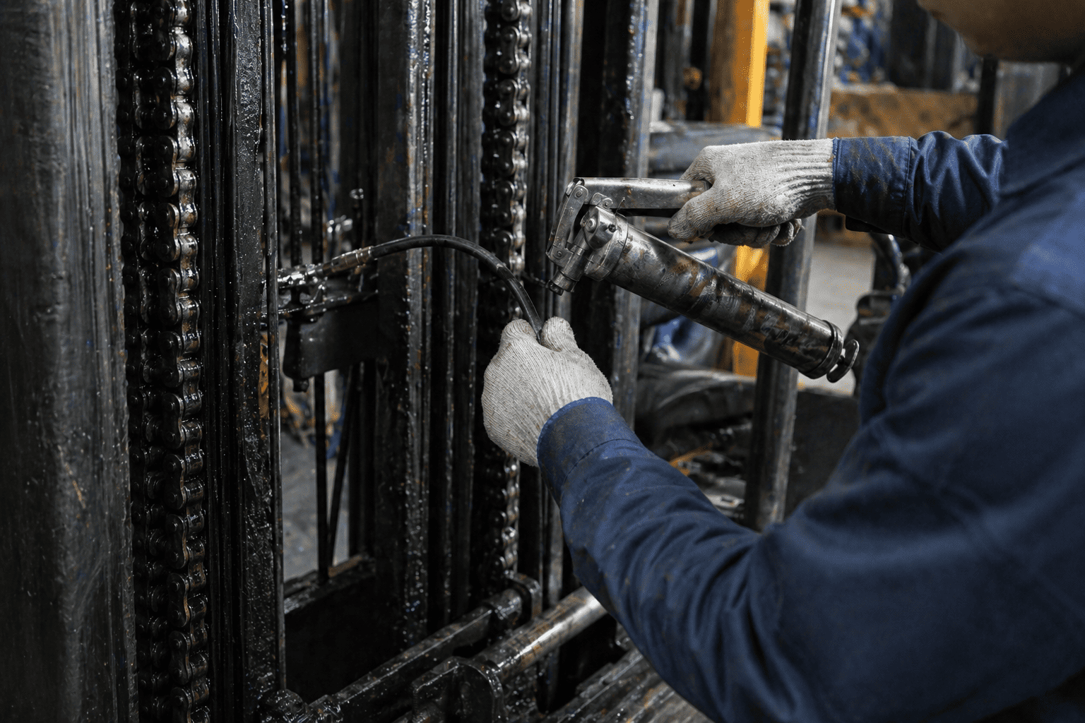A person lubricating a forklift mast chain