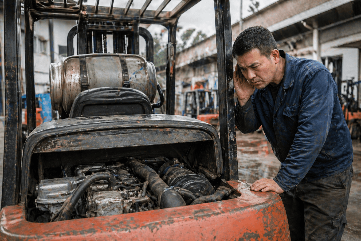 A person listening to a used forklift engine