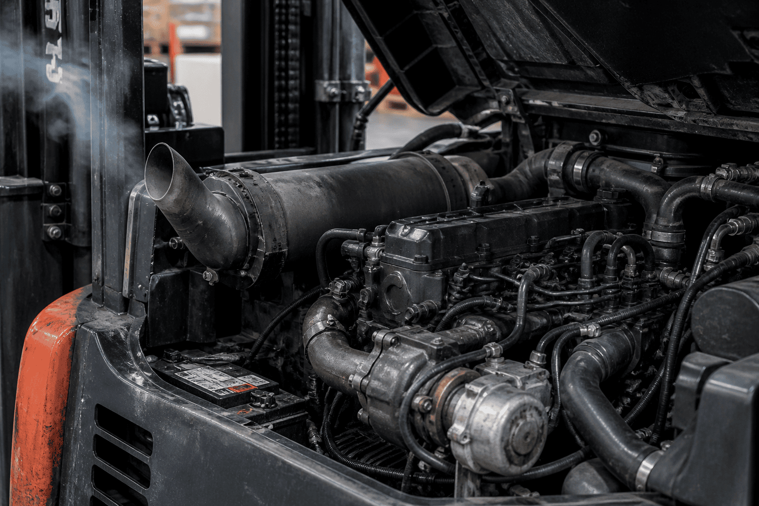 Sources of Diesel Forklift Noise Detailed view of a diesel forklift engine and exhaust system