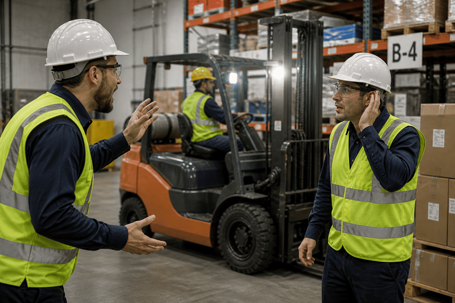 Workplace Communication and Forklift Noise Warehouse workers communicating near a forklift