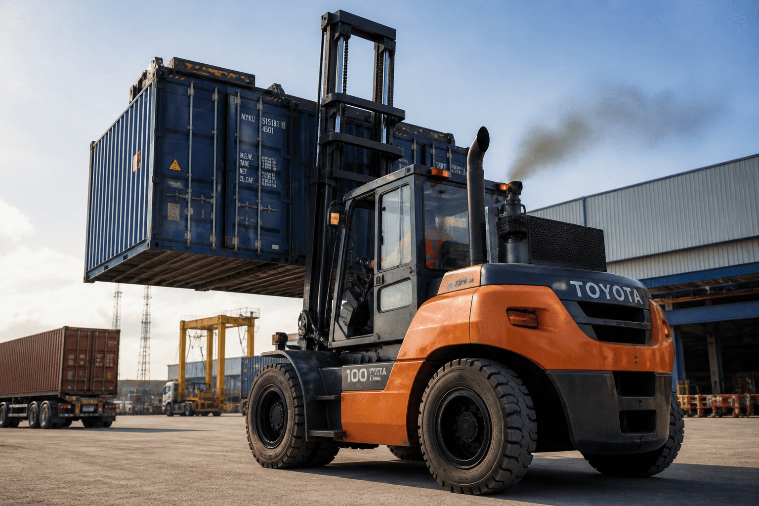 Choosing the Right Forklift for the Job A powerful diesel forklift lifting a heavy container outdoors
